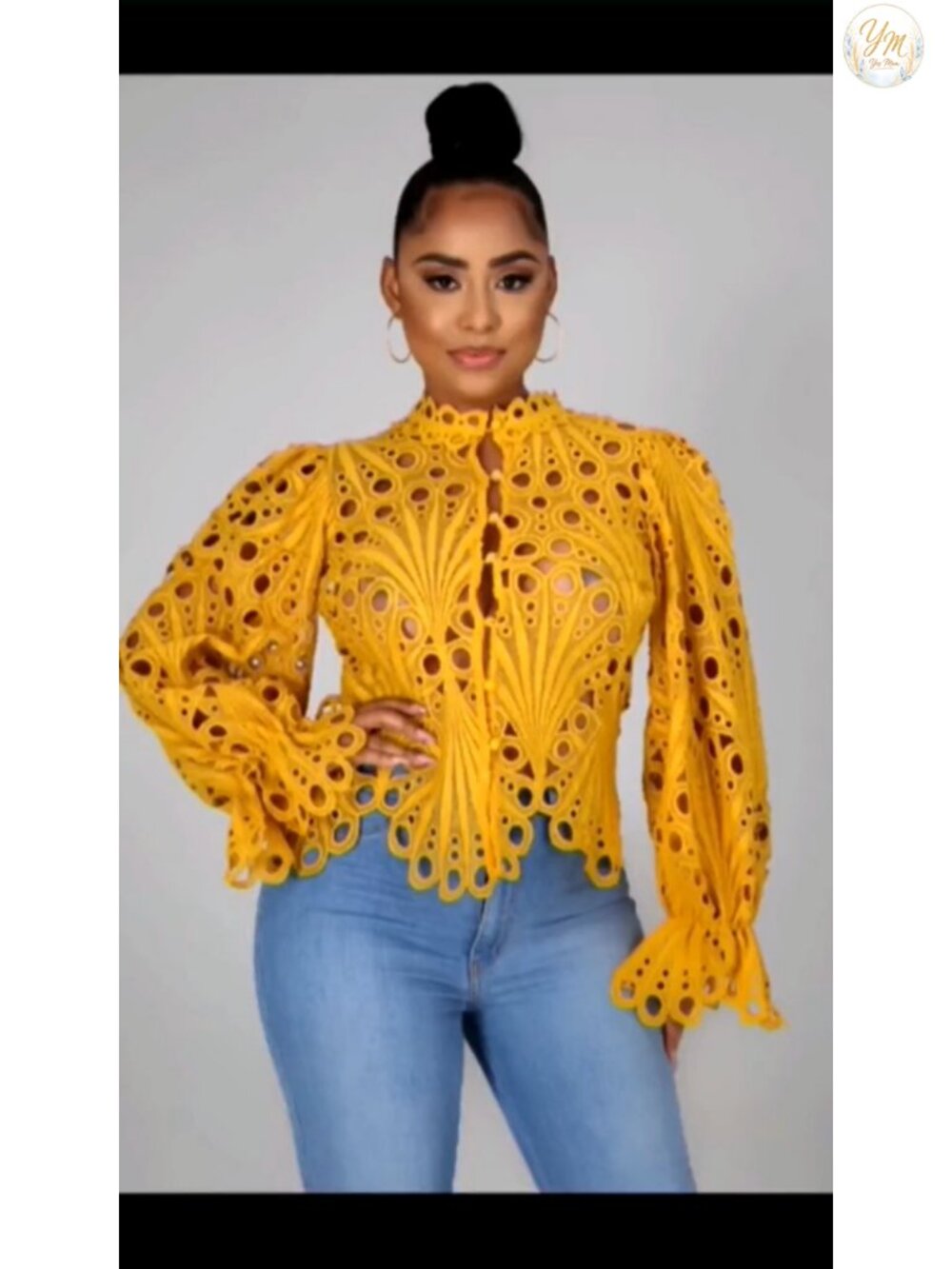 Lace Ruffle Puff Long Sleeve Button Down Top - Picture 5 of 5